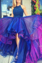 Flattering Blue Rhinestone Silhouette Mesh High low Prom Dress GJS323
