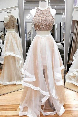 Two Pieces Beaded Unique Charming Vintage Formal Evening Prom Dresses GJS217