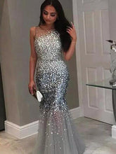 Silver Mermaid Jewel Sleeveless Floor-Length Sequin Tulle Dresses GJS150