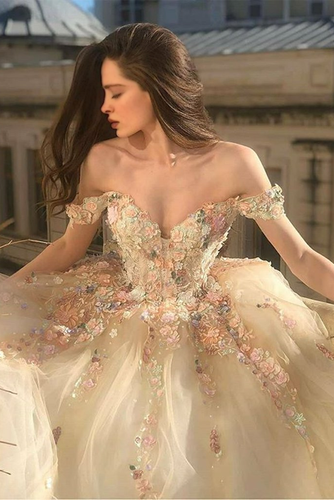 Beautiful Sweetheart Off-Shoulder Floral Tulle A-Line Prom Dress GJS435