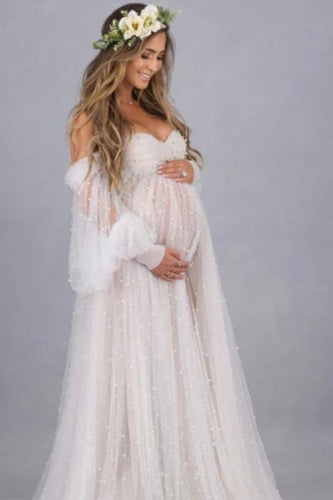 A-line Long Sleeve  Lace Tulle off-the-shoulder Pregnant Woman Wedding Dress GJS4834
