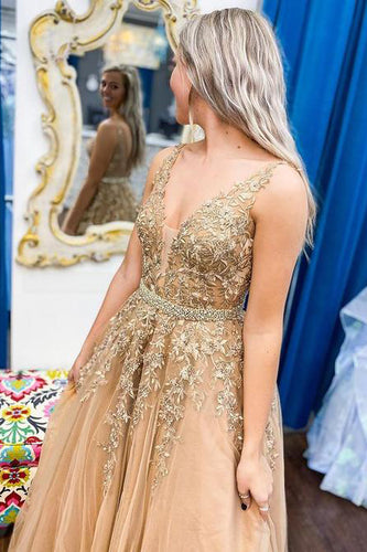 Sexy Gold A line V Neck  Sleeveless Appliques Long Prom Formal Dress GJS230