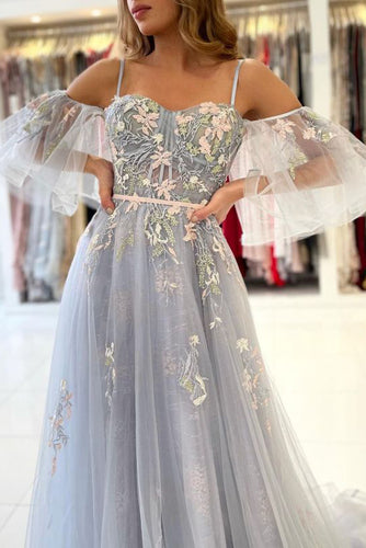 Vintage Long Tulle Evening Prom Dress  With Appliques GJS263