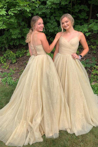 Yellow A line Lace up V Neck Long Prom Dresses,Formal Dresses GJS267