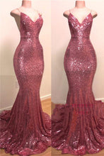 Glitter Pink Sequins V Neck Mermaid Long Prom Evening Dress ZXS322