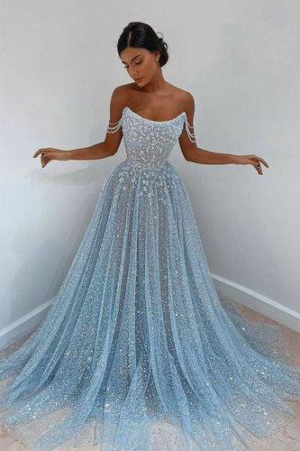 Blue Tulle Off-the-shoulder A line Long Prom Evening Dress  ZXS274