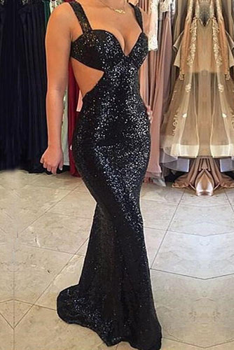Long Black Sequined Sparkly Sexy Backless Evening Party Cocktail Prom Dresses GJS279