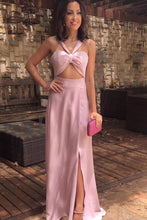 Pink Halter Sweetheart Side Slit A Line Long Evening Prom Dresses GJS219