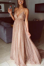 A line Long Sequins Evening Dresses Plunge V-neck Prom Gowns GJS346