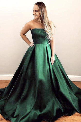 Green Satin A line Strapless Long Prom Evening Gown Dress GJS212