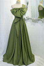 One-Shoulder Sage Green Bow Tie A-Line Long Prom Dress GJS432