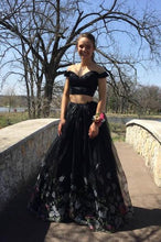 Unique 2 Pieces Black Off The Shoulder Long Prom Dresses Princess Dress GJS250