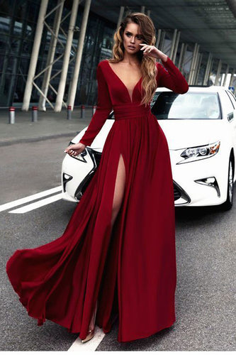 Sexy Deep V Neck Long Sleeves burgundy Chiffon Leg Split Prom Dresses ZXS325