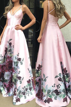 Pink Satin Floral Prints Spaghetti Strap A-Line Prom Dresses GJS430