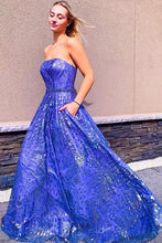 Royal Blue Lace Strapless A-Line Long Prom Evening Dress GJS262