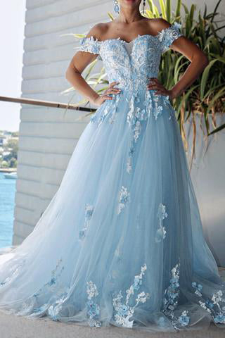 Tulle Ball Gown Dresses Off the Shoulder Lace Embroidery Long Prom Dress GJS350