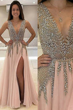 A-Line V-Neck Sleeveless Sweep Train Beading Tulle Prom Evening Dresses GJS118