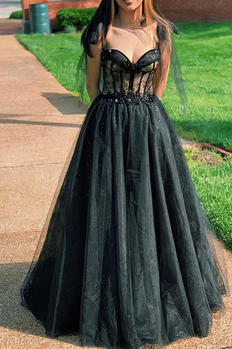 Starry Mesh Tulle Black Fairy V Neck  A line Long Prom Dress GJS329