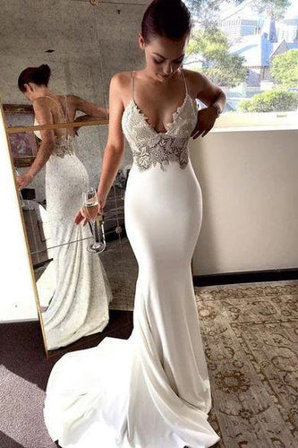 Charming Lace Sexy Backless Mermaid White  Prom Evening Dresses GJS135