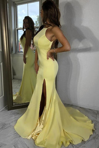 Sexy Halter Light Yellow Backless Side Slit Mermaid Long Evening Prom Dress GJS280