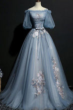 Vintage Princess Off Shoulder Dusty Blue Appliques Ball Gown Prom Dresses GJS423