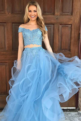 A Line Blue Lace Off the Shoulder Tulle Ruffled Beaded Two Piece Prom Dresses GJS266