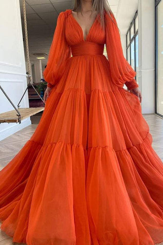 Long Sleeves Rustic Dress, Orange Tulle Dress, Simple Prom Evening Dress GJS310