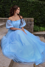 Baby Blue Princess Off-Shoulder Floral Tulle A-Line Long Prom Dress GJS434