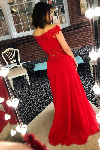 Long Red Two-Piece  Off the Shoulder Long Prom  Evening Dresses GJS318