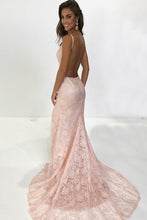 Amazing Pearl Pink Mermaid V Neck Lace Long Backless Prom Dresses GJS260