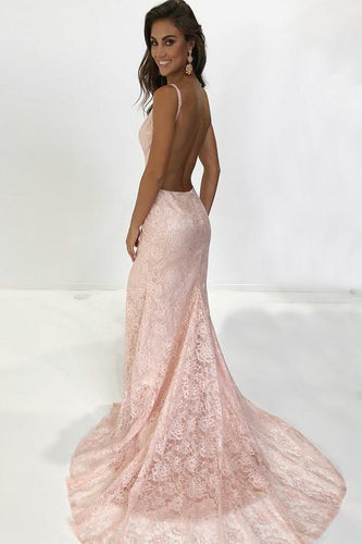 Amazing Pearl Pink Mermaid V Neck Lace Long Backless Prom Dresses GJS260