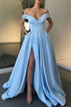 Blue Off the Shoulder V Neck Long Prom Formal Dresses with Slit  GJS369