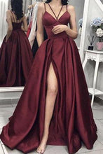 Spaghetti Straps V-neck A line Long Satin Split Prom Dresses GJS353