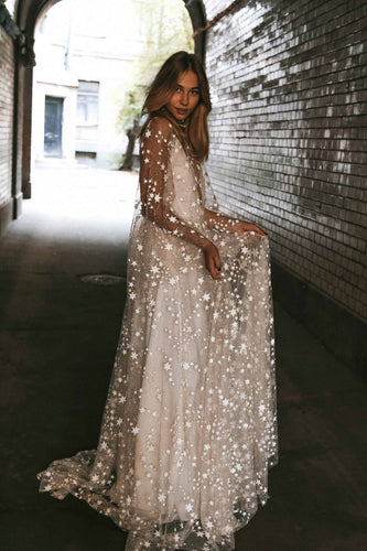 A-Line Deep V-Neck Sweep Train White Lace Prom Dress Illusion Evening Dress GJS256