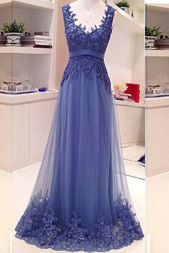 Blue Lace Open Back A-Line Elegant Vintage Formal Evening Gown Prom Dress GJS428