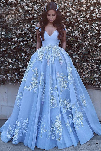 Blue Ball Gown Off-the-Shoulder Applique Tulle Sweep/Brush Train Dresses GJS138