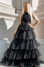 Black Tulle A line Halter  Floor Length Long Prom Evening Dress GJS338