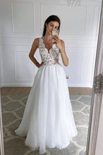 White Lace A line V Neck Chiffon Long Prom Evening  Dress GJS339