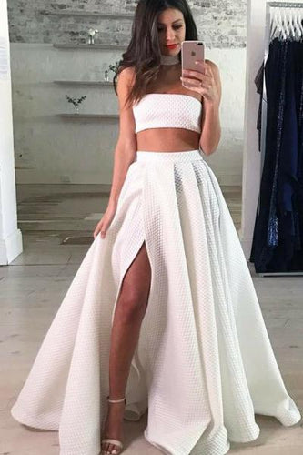 Two Piece Strapless Floor-Length White Lace Prom Dress with Split L34 | Cathyprom