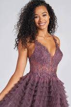 Purple High-Low V-Neck Sleeveless Lace Appliques Tulle Long Prom  Dress GJS471