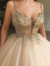 Ball Gown V-neck Sleeveless Floor-Length Tulle Beading Prom Dresses ZXS001