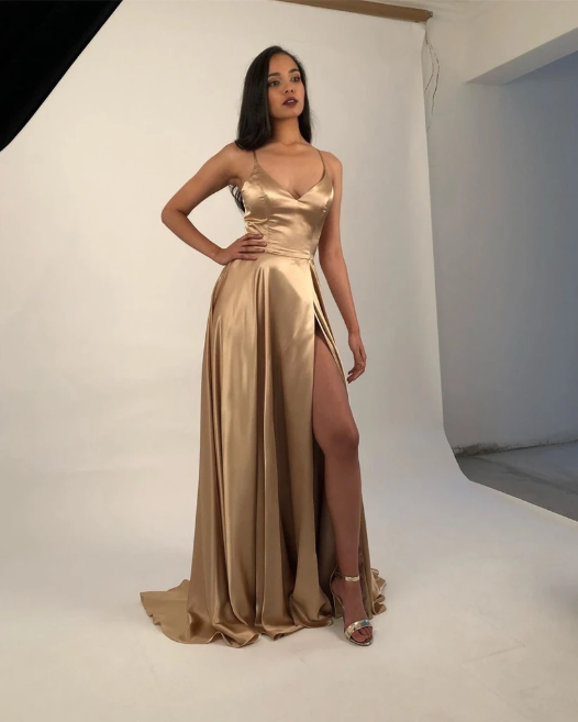 Champagne Gold Silk Satin Prom Dresses with Sexy Split GJS134