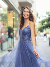 Sparkly Blue V Neck Sleeveless A line Long Prom Formal Dresses  GJS363
