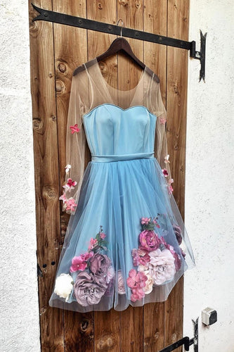 Blue V Neck 3D Appliques Tulle Short Prom Dress Long Sleeve Homecoming Dress JKT304