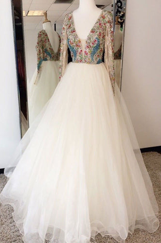 White Tulle V-Neck Beaded Long Sleeve Long Prom Dress JKT321|Annapromdress