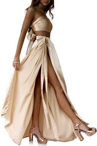 Two Piece Strapless Split Side Long Prom Evening Dresses GJS320