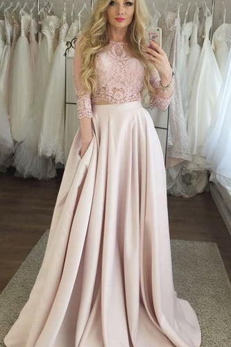 Two Piece Crew 3/4 Sleeves Floor-Length Pink Prom Dress with Lace Pockets LPD80 | Cathyprom