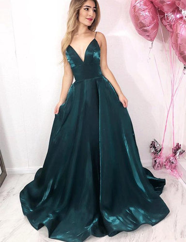 Simple Green Long Prom Dresses Spaghetti Straps Evening Party Dress JKG021