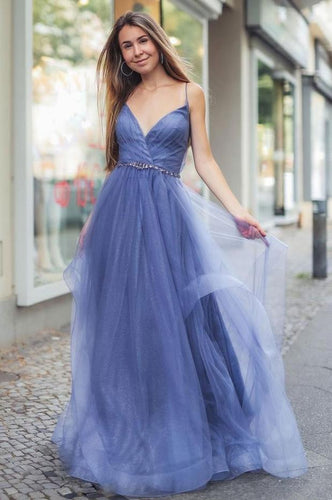 Sparkly Blue V Neck Sleeveless A line Long Prom Formal Dresses  GJS363