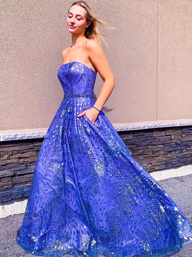 Royal Blue Lace Strapless A-Line Long Prom Dress JKS8425